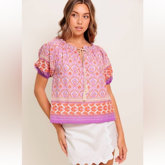 Flying Tomato Tops - NWT! Luxury Bohemian Pink and Orange Wide Neckline Short Sleeve Women's Top